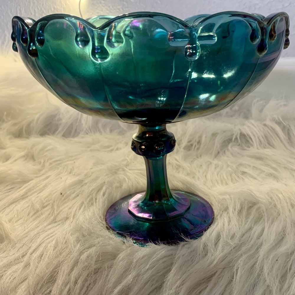 ✨SALE✨ Vintage Indian Blue Carnival Glass Garland Pedestal Bowl